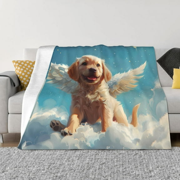 Vsdgher Cute Angel Winged Dog Pattern Fleece Throw Blanket, Horizontal Fleece Bedding Home Decor for Couch & Bed All Season Use -60"x50"