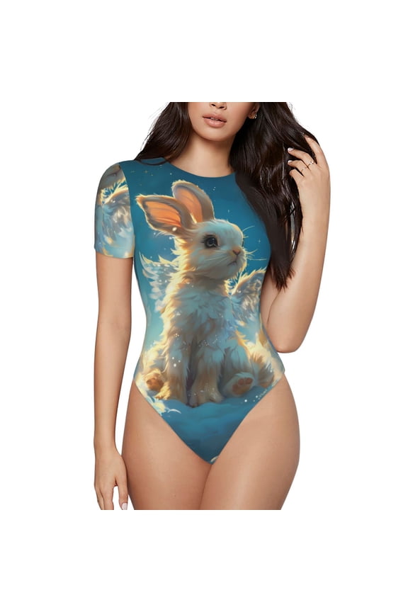Cute Angel Winged Rabbit Prinr Short Sleeve Body suit for Womens, Sexy Onesie One Piece Round Neck Bodysuit Shapewear Tummy Control-XX-Large