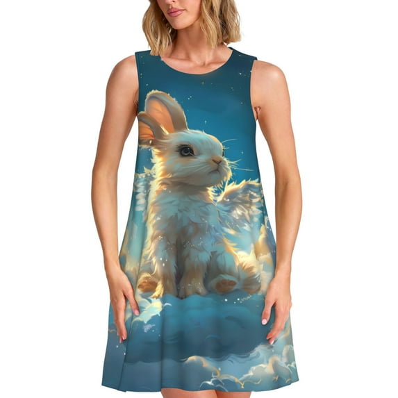 Vsdgher Cute Angel Winged Rabbit Print Summer Dresses for Women Casual U Neck Beach Dress Sleeveless Tank Loose Sundress with Pocket -Medium