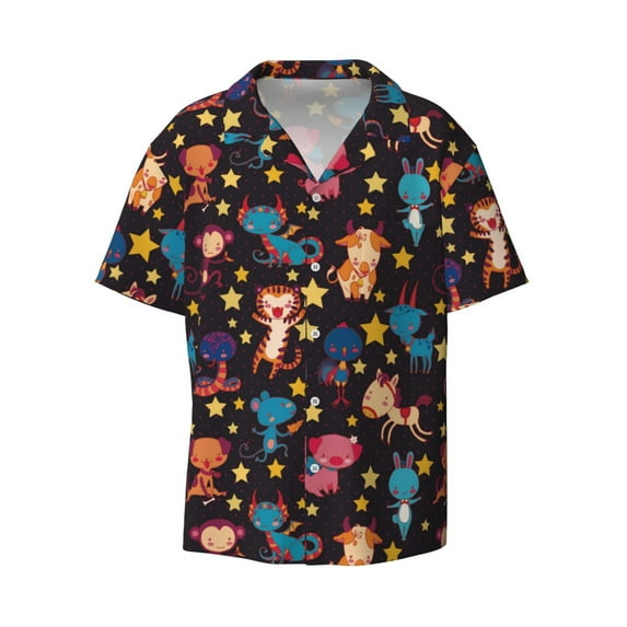 Vsdgher Cute Animals Print Men's Wrinkle Free Untucked Cuban Shirt Business Casual Button Down Shirts Short Sleeve Shirt