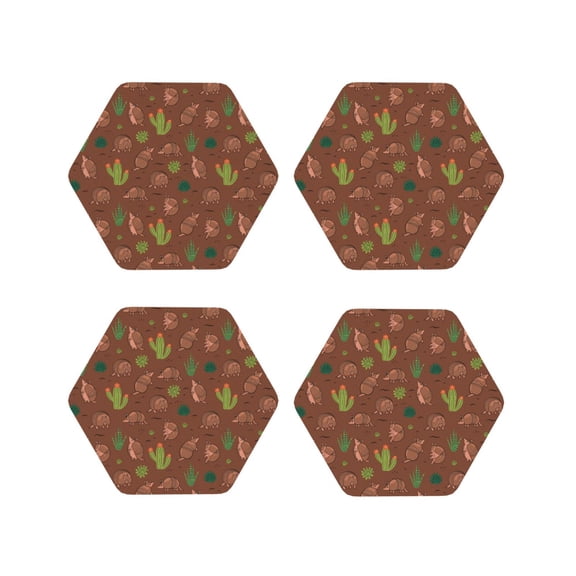 Vsdgher Cute Armadillos Leather Coasters for Drinks, Durable Drink Coasters 4 Set for Tabletop Protection, Luxurious Home Décor and Housewarming Gift-Hexagon