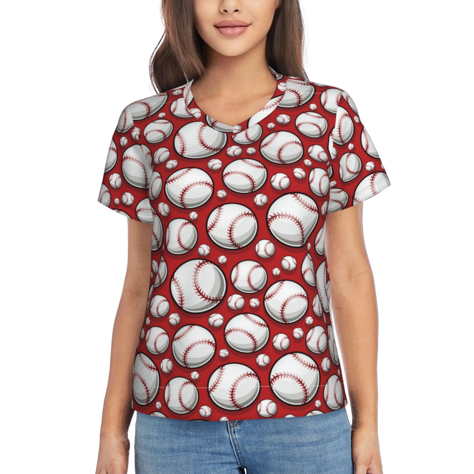 Vsdgher Cute Baseball Women Shirts V Neck Short Sleeve Tops T-Shirt Basic Tees, S to 3XLLarge