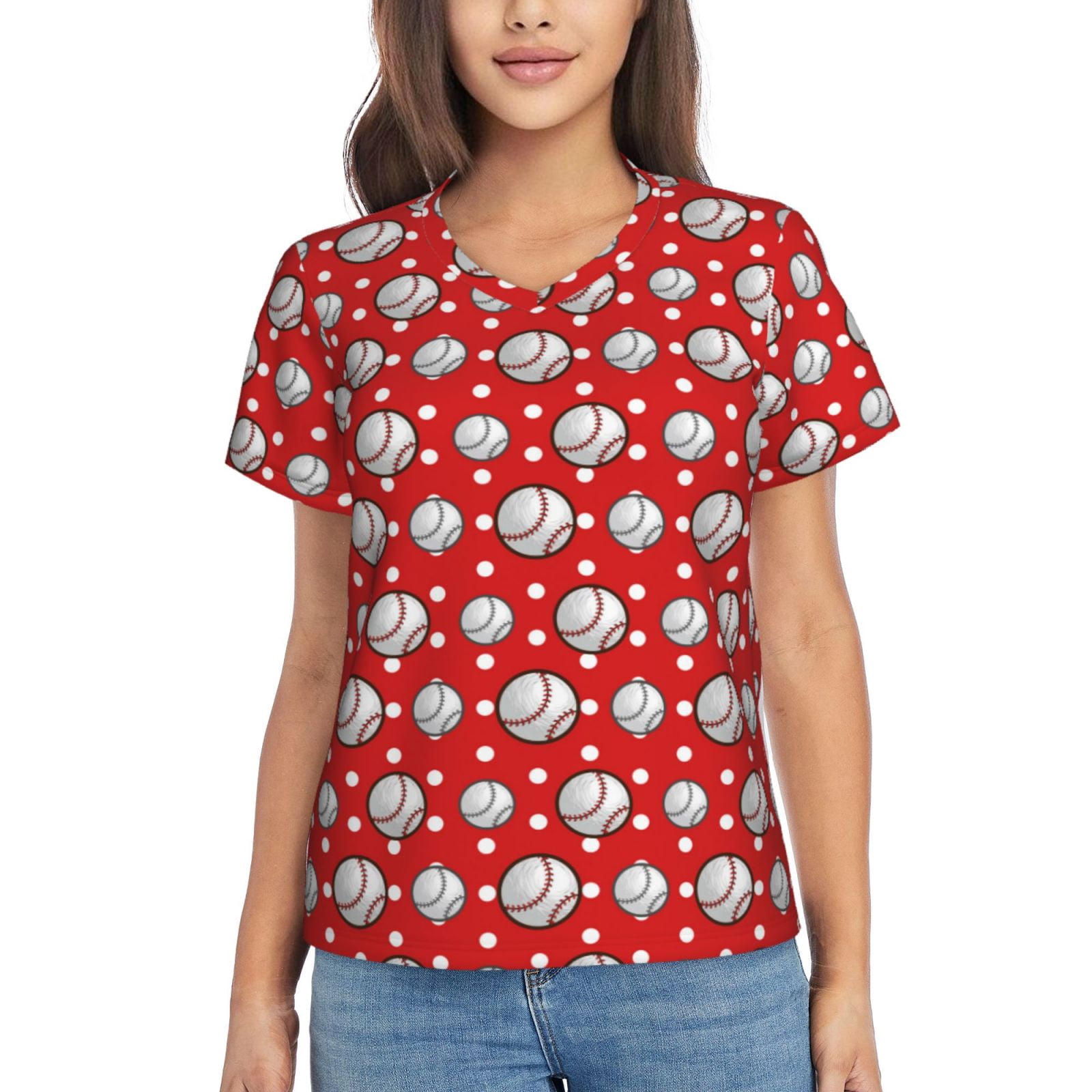Vsdgher Cute Baseball Women Shirts V Neck Short Sleeve Tops T-Shirt Basic Tees, S to 3XLMedium