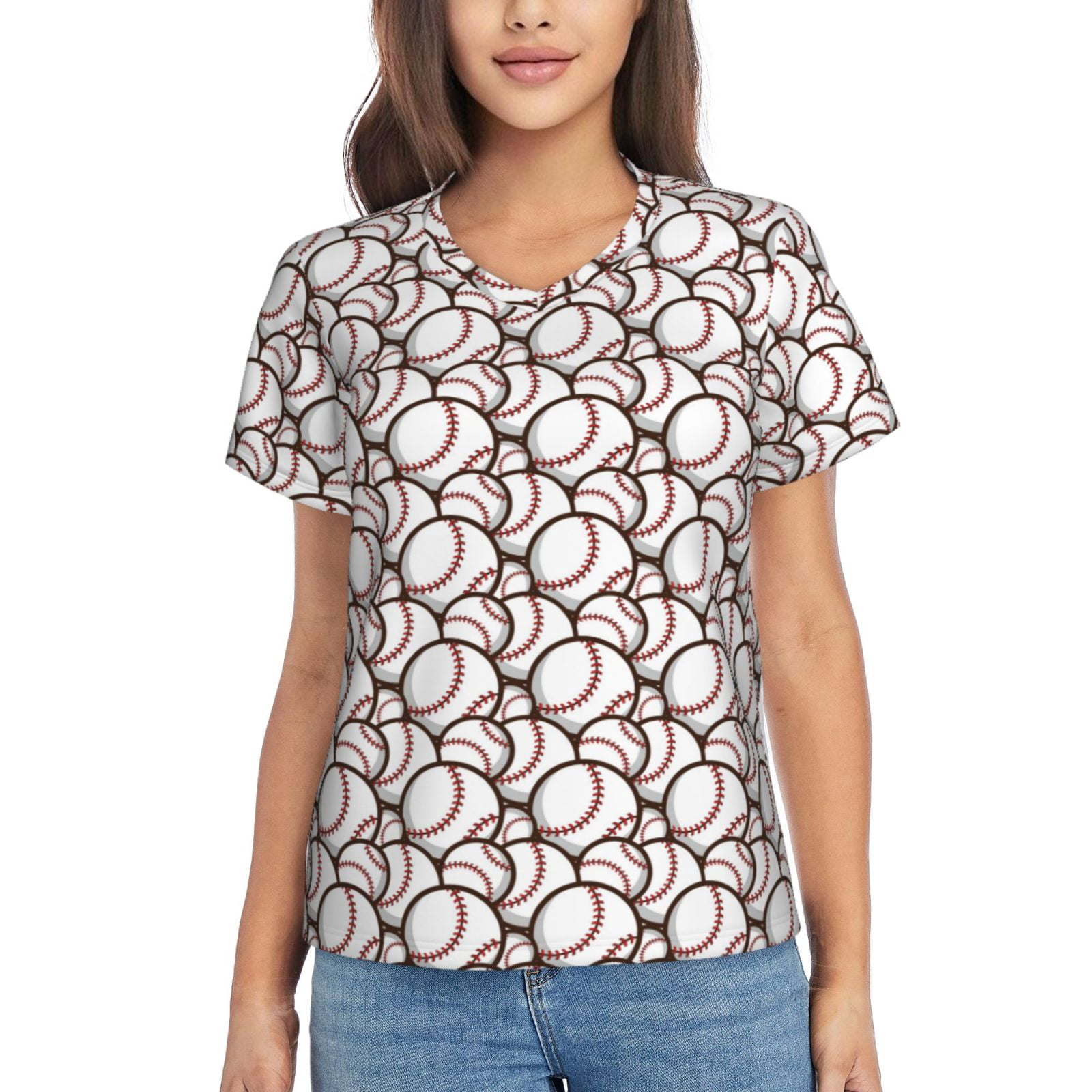 Vsdgher Cute Baseball Women Shirts V Neck Short Sleeve Tops T-Shirt Basic Tees, S to 3XLMedium