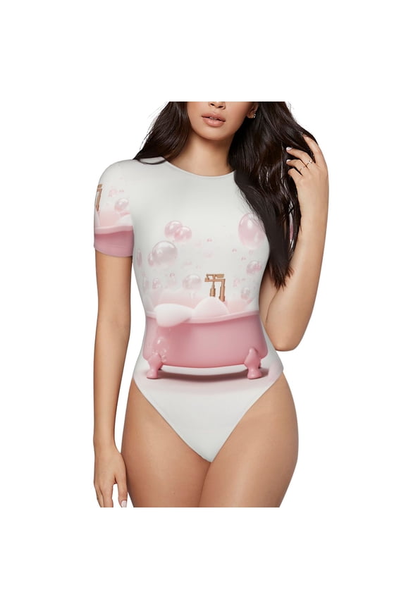 Cute Bathtub Prinr Short Sleeve Body suit for Womens, Sexy Onesie One Piece Round Neck Bodysuit Shapewear Tummy Control-Medium