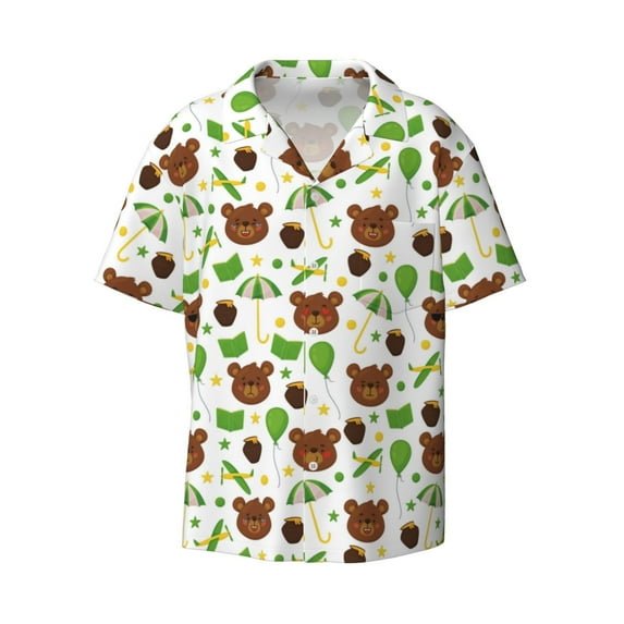 Vsdgher Cute Bear Print Men's Wrinkle Free Untucked Cuban Shirt Business Casual Button Down Shirts Short Sleeve Shirt