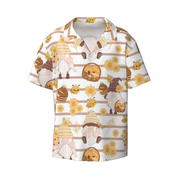 Vsdgher Cute Bee Gnome2 Print Men's Wrinkle Free Untucked Cuban Shirt Business Casual Button Down Shirts Short Sleeve Shirt