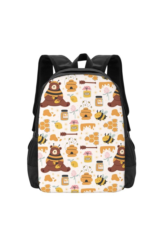 Cute Bee Honey Jar Hive Bear Print Backpack for Women Men School Bookbag with Laptop Compartment for College Work Travel, Simple Fashion Casual Daypack, Fit 15" Laptop