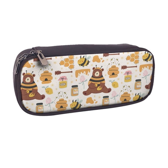Vsdgher Cute Bee Honey Jar Hive Bear Print Pen Case Leather Pencil Pouch Markers Holder Big Capacity Bag with Zippered Pocket for Stationery Tool