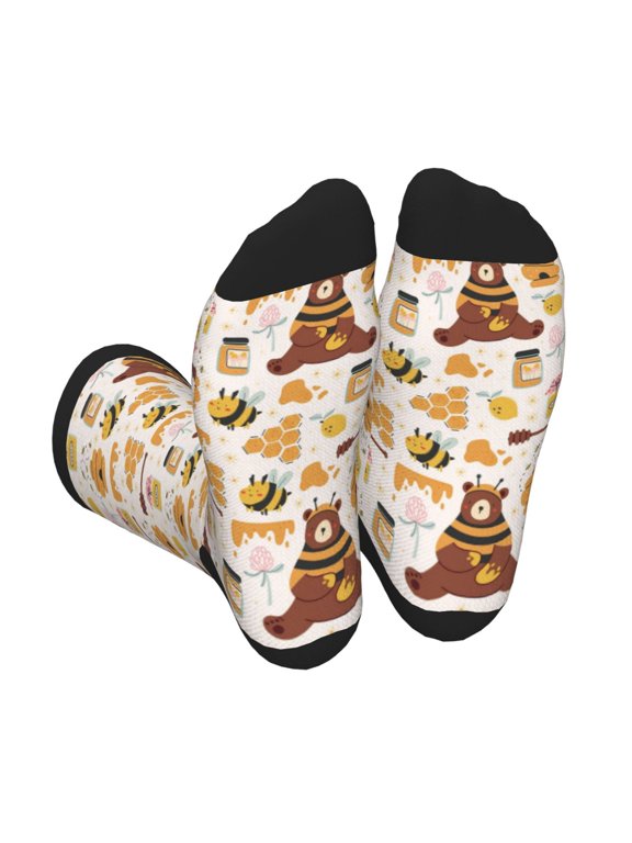 Cute Bee Honey Jar Hive Bear Unisex Crew Socks Lightweight Breathable Ventilation Ankle Socks, Mid-calf socks for Daily