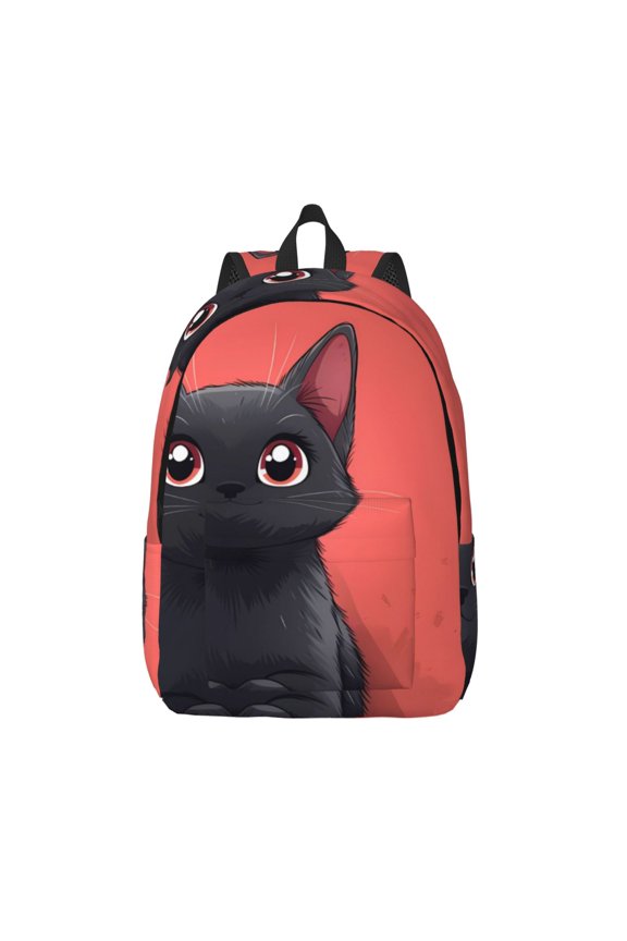 Cute Black Kitten Cartoon Print Canvas Backpack Travel Rucksack Unisex Knapsack 15.7/17.7Inch Laptop Backpack for Work,College -Small