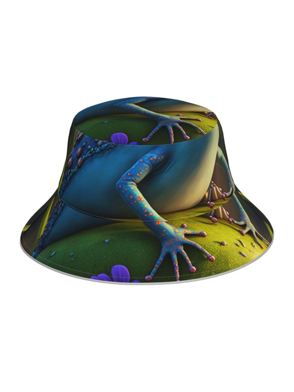 Cute Blue Frog Print Bucket Hat for Men&Women Bucket Hat Reversible Summer Double-Side-Wear Travel Gardening, Beach, Camping, Hiking, Fishing Cap