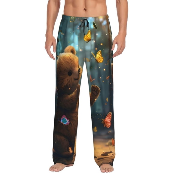 Vsdgher Cute Butterfly Bear Print Mens Pajama Pants Sleep & Lounge Pants, PJ Bottoms With elastic waistb and Pockets