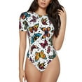 thumbnail image 1 of Vsdgher Cute Butterfly Prinr Short Sleeve Body suit for Womens, Sexy Onesie One Piece Round Neck Bodysuit Shapewear Tummy Control-XX-Large, 1 of 7