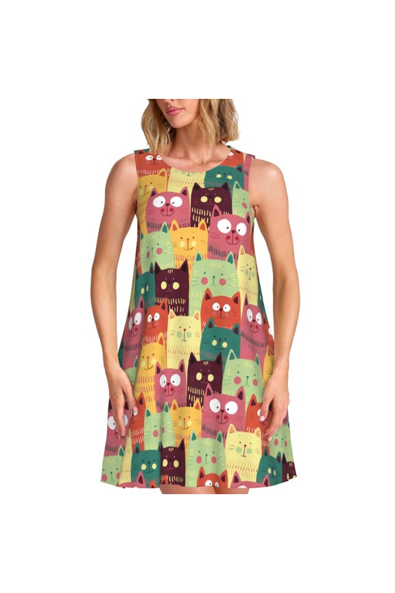 Cute Cartoon Cat Print Summer Dresses for Women Casual U Neck Beach Dress Sleeveless Tank Loose Sundress with Pocket -Large
