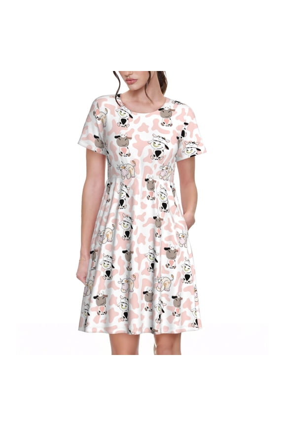 Cute Cartoon Cows for Womens Summer 2025 Casual Midi Maxi Dresses Lightweight Short Sleeve Round Neck Beach Dress -Small