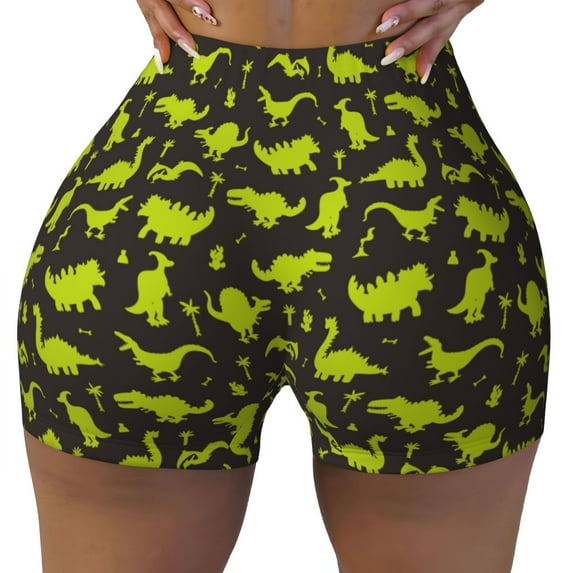 Vsdgher Cute Cartoon Dinosaurs Green Silhouette Pattern print Workout Shorts for Women Seamless Soft Smooth Gym Yoga Scrunch Active Exercise Fitness Shorts
