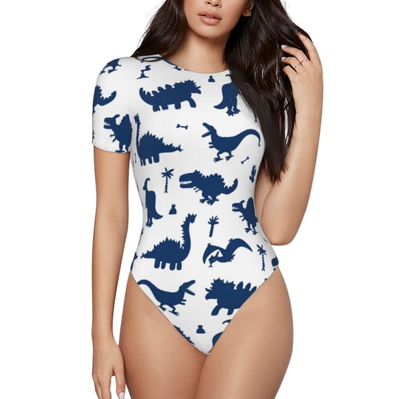 Vsdgher Cute Cartoon Dinosaurs Prinr Short Sleeve Body suit for Womens, Sexy Onesie One Piece Round Neck Bodysuit Shapewear Tummy Control-Medium