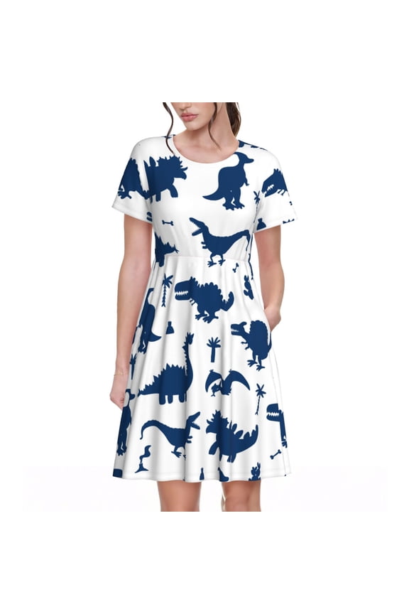 Cute Cartoon Dinosaurs for Womens Summer 2025 Casual Midi Maxi Dresses Lightweight Short Sleeve Round Neck Beach Dress -XX-Large