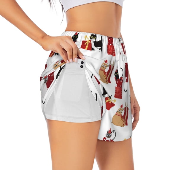 Vsdgher Cute Cat And Christmas Gift Print Women's Running Double Layer Shorts High Waisted with Pockets Elastic Yoga Workout Athletic Gym Sports