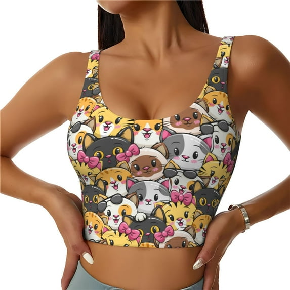 Vsdgher Cute Cat Cartoon Print Women Sleeveless Athletic Tank Top Built-in Bra Camisole Sports Vest for Yoga Running Fitness Exercise with Removable Pads