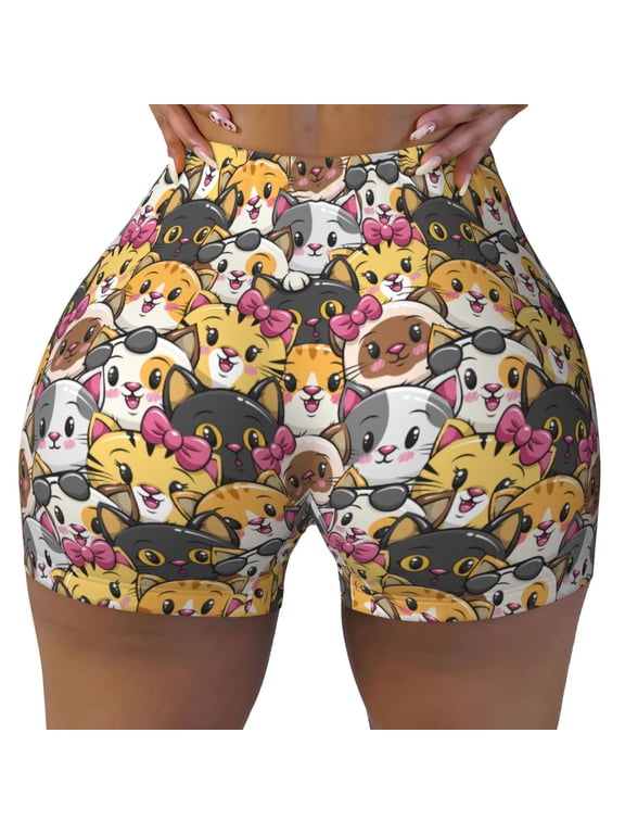 Cute Cat Cartoon print Workout Shorts for Women Seamless Soft Smooth Gym Yoga Scrunch Active Exercise Fitness Shorts