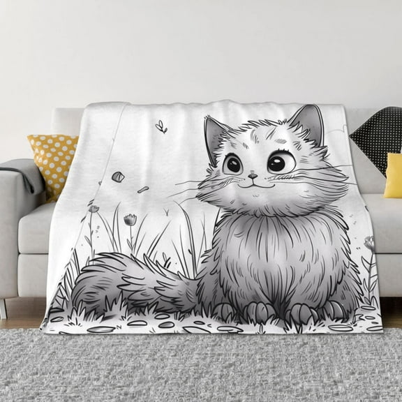 Vsdgher Cute Cat Meadow Sketch Pattern Fleece Throw Blanket, Horizontal Fleece Bedding Home Decor for Couch & Bed All Season Use -80"x60"