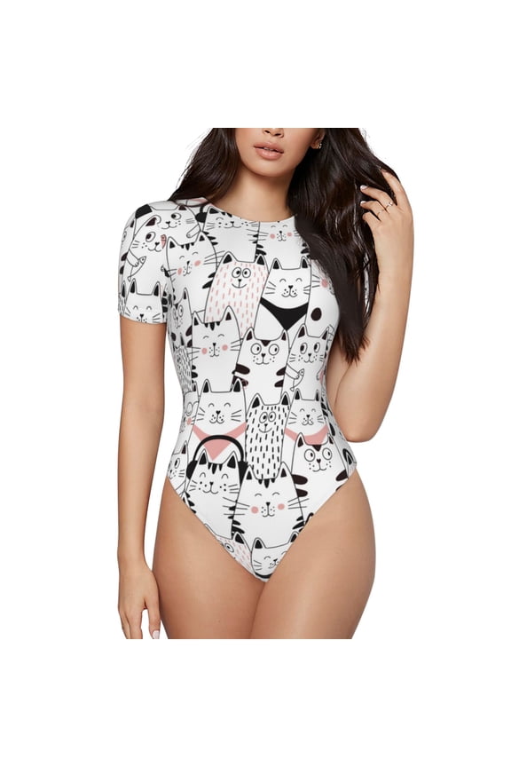 Cute Cat Prinr Short Sleeve Body suit for Womens, Sexy Onesie One Piece Round Neck Bodysuit Shapewear Tummy Control-Large