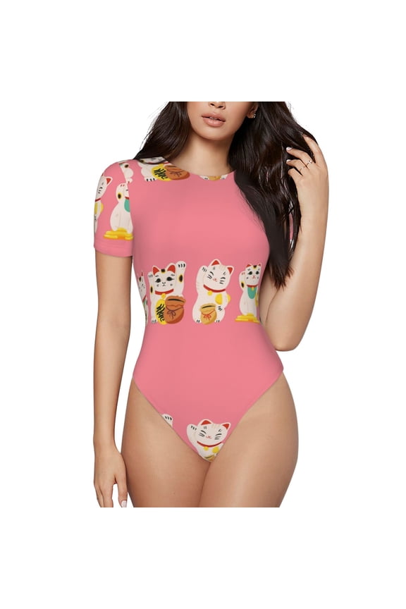 Cute Cat Prinr Short Sleeve Body suit for Womens, Sexy Onesie One Piece Round Neck Bodysuit Shapewear Tummy Control-Small