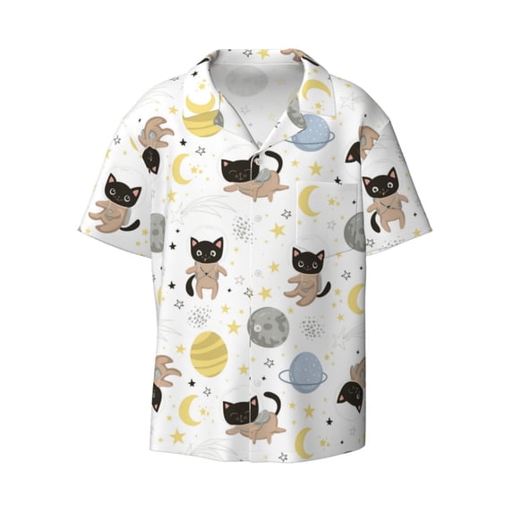 Vsdgher Cute Cat Print Men's Wrinkle Free Untucked Cuban Shirt Business Casual Button Down Shirts Short Sleeve Shirt