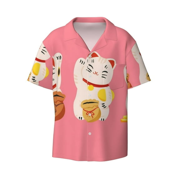 Vsdgher Cute Cat Print Men's Wrinkle Free Untucked Cuban Shirt Business Casual Button Down Shirts Short Sleeve Shirt