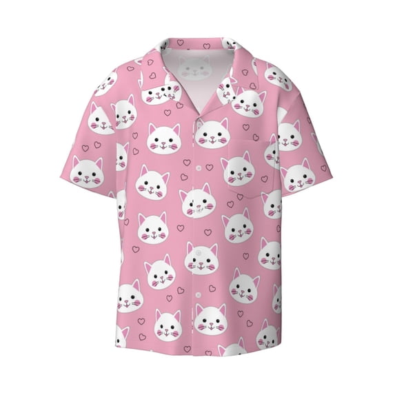 Vsdgher Cute Cat Print Men's Wrinkle Free Untucked Cuban Shirt Business Casual Button Down Shirts Short Sleeve Shirt