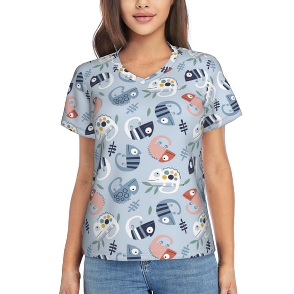 Vsdgher Cute Chameleons On Blue Women Shirts V Neck Short Sleeve Tops T-Shirt Basic Tees, S to 3XLXX-Large