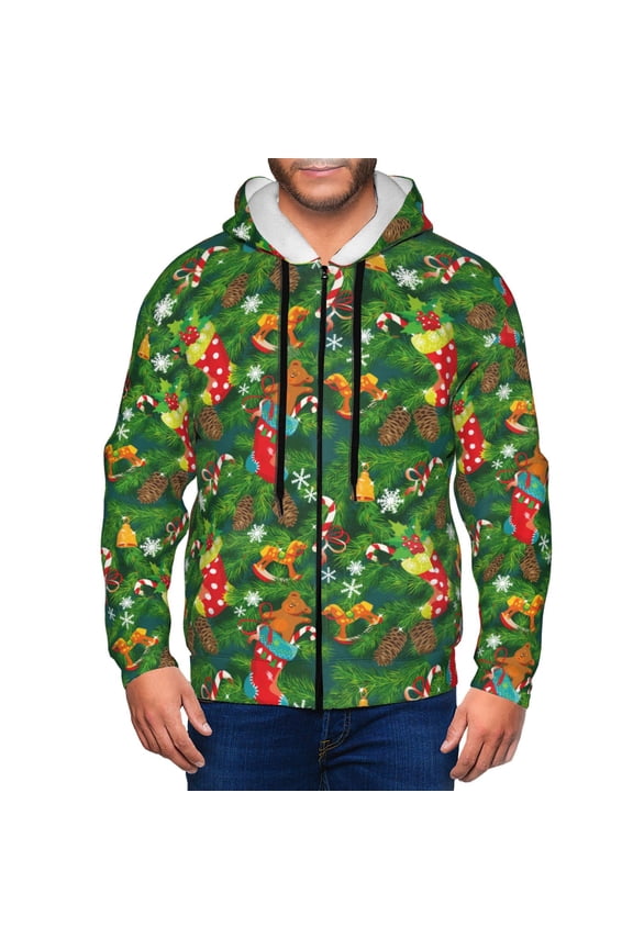 Cute Christmas Stocking Bear Mens Hoodies Zip Hoodie, Hoodies for Men, Zip-up Hooded Sweatshirt-Small