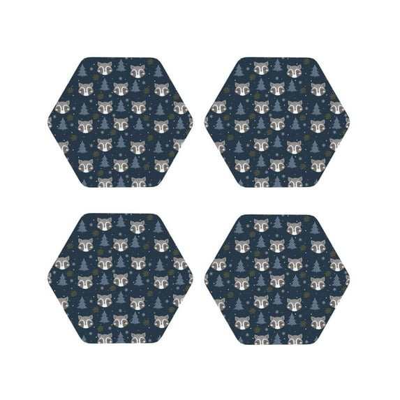 Vsdgher Cute Christmas Tree Raccoon Leather Coasters for Drinks, Durable Drink Coasters 4 Set for Tabletop Protection, Luxurious Home Décor and Housewarming Gift-Hexagon