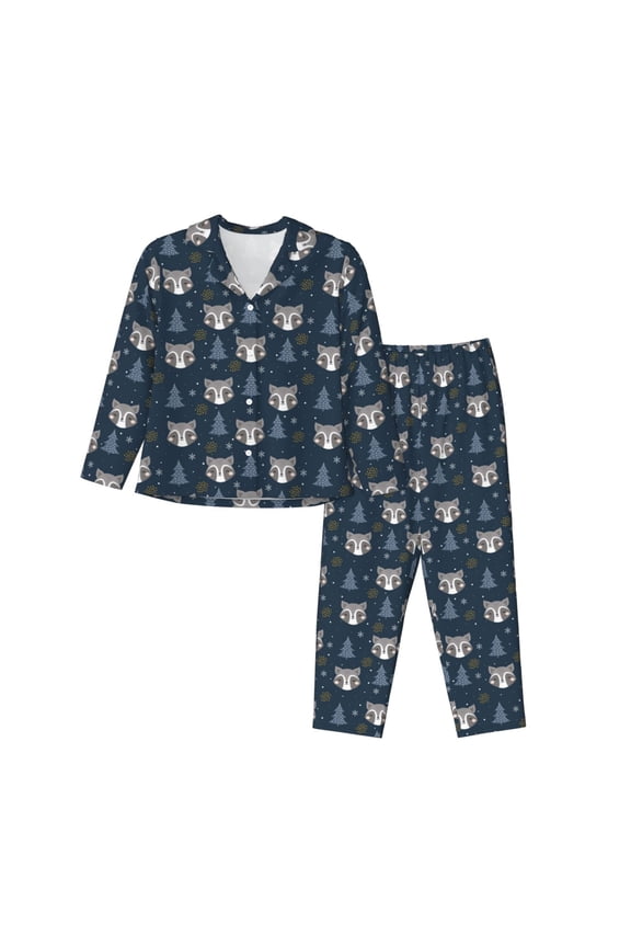 Cute Christmas Tree Raccoon Pajamas Set Long Sleeve Sleepwear Womens Button Down Nightwear Pj Sets-Medium
