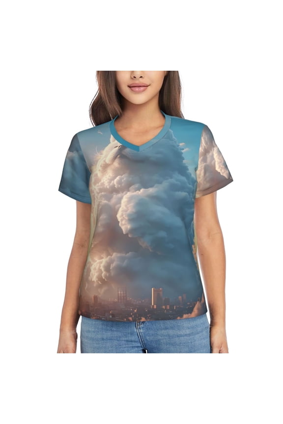 Cute Cloud Cat Women Shirts V Neck Short Sleeve Tops T-Shirt Basic Tees, S to 3XLLarge
