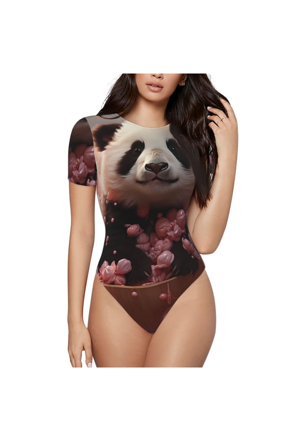 Cute Cloud Panda Prinr Short Sleeve Body suit for Womens, Sexy Onesie One Piece Round Neck Bodysuit Shapewear Tummy Control-Medium
