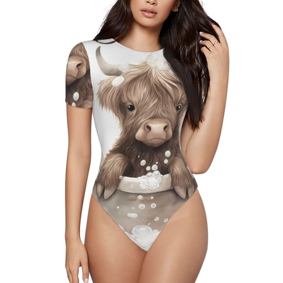 Vsdgher Cute Cow Bath Prinr Short Sleeve Body suit for Womens, Sexy Onesie One Piece Round Neck Bodysuit Shapewear Tummy Control-Medium