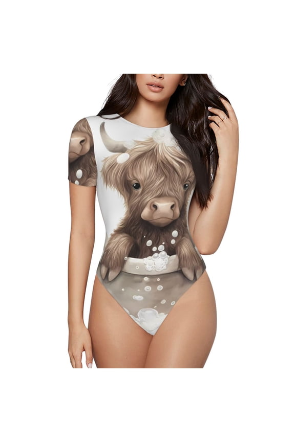 Cute Cow Bath Prinr Short Sleeve Body suit for Womens, Sexy Onesie One Piece Round Neck Bodysuit Shapewear Tummy Control-Medium