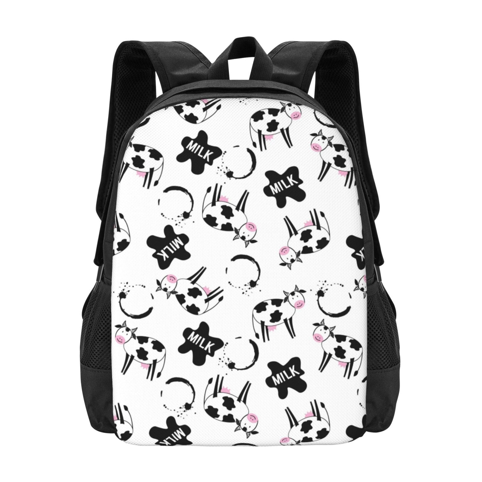 Vsdgher Cute Cow and Milk Stains Print Backpack for Women Men School Bookbag with Laptop Compartment for College Work Travel, Simple Fashion Casual Daypack, Fit 15" Laptop