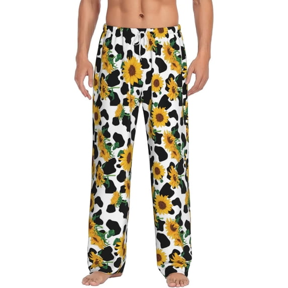 Vsdgher Cute Cow Print Sunflower A Print Mens Pajama Pants Sleep & Lounge Pants, PJ Bottoms With elastic waistb and Pockets