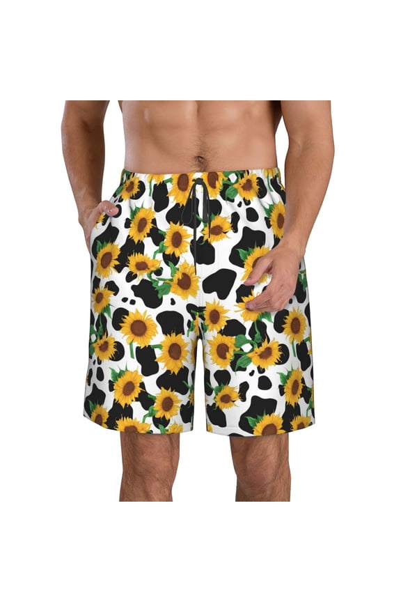 Cute Cow Print Sunflower C Men's Beach Shorts, Surfing shorts, Swim trunks, Quick Dry Swim Trunks for Surfing Beach Fun -Large