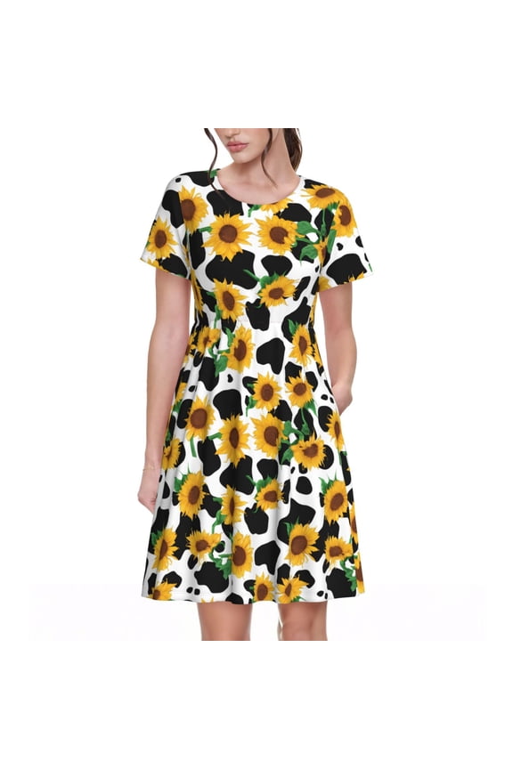 Cute Cow Print Sunflower C for Womens Summer 2025 Casual Midi Maxi Dresses Lightweight Short Sleeve Round Neck Beach Dress -Large