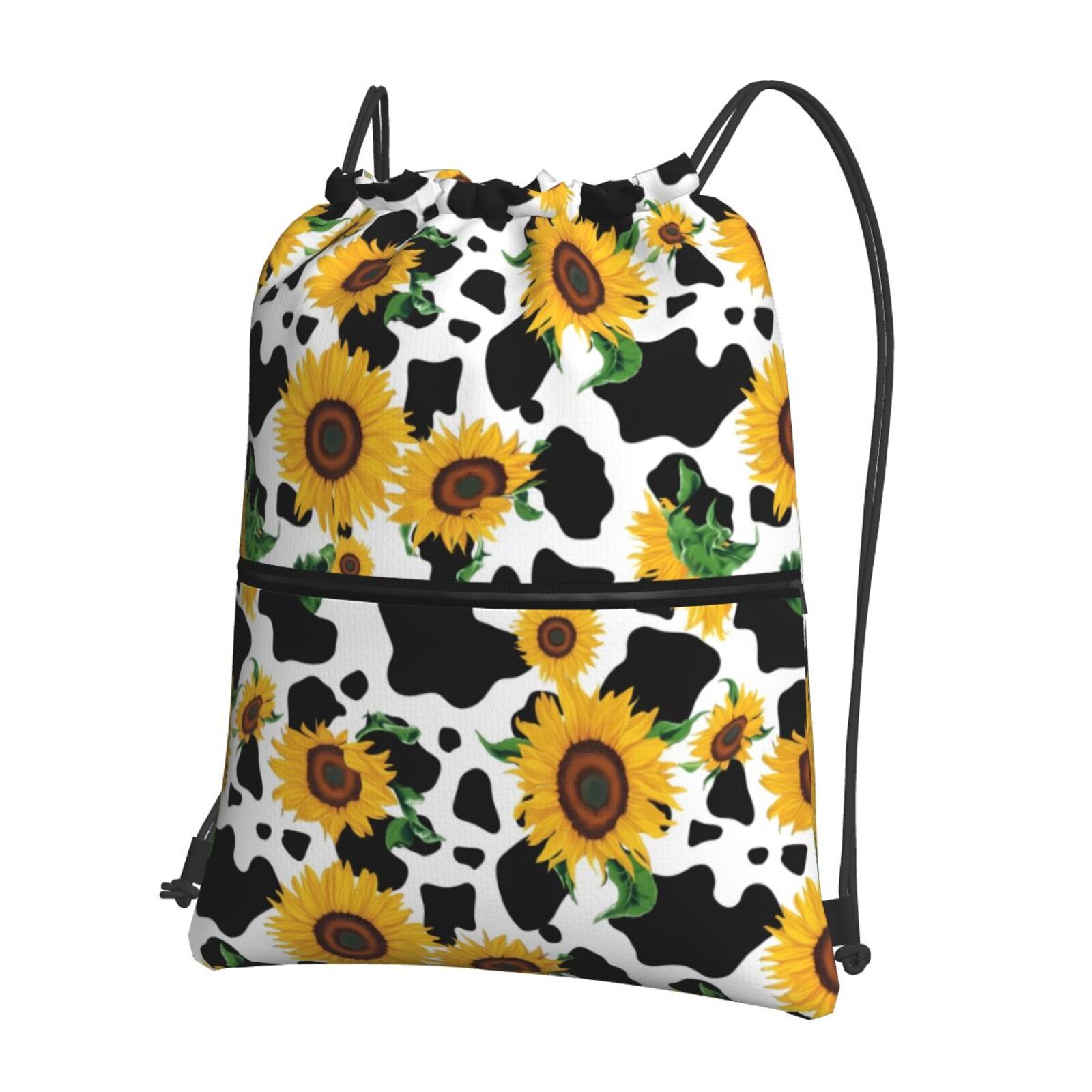 Vsdgher Cute Cow Print Sunflower D Drawstring Backpack Water Resistant String Bag Sports Sackpack Gym Sack for Men Women