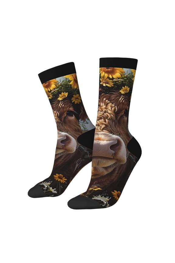 Cute Cow Sunflower Crown A Crew Socks for Men & Women, Breathable Casual Athletic Ankle Socks