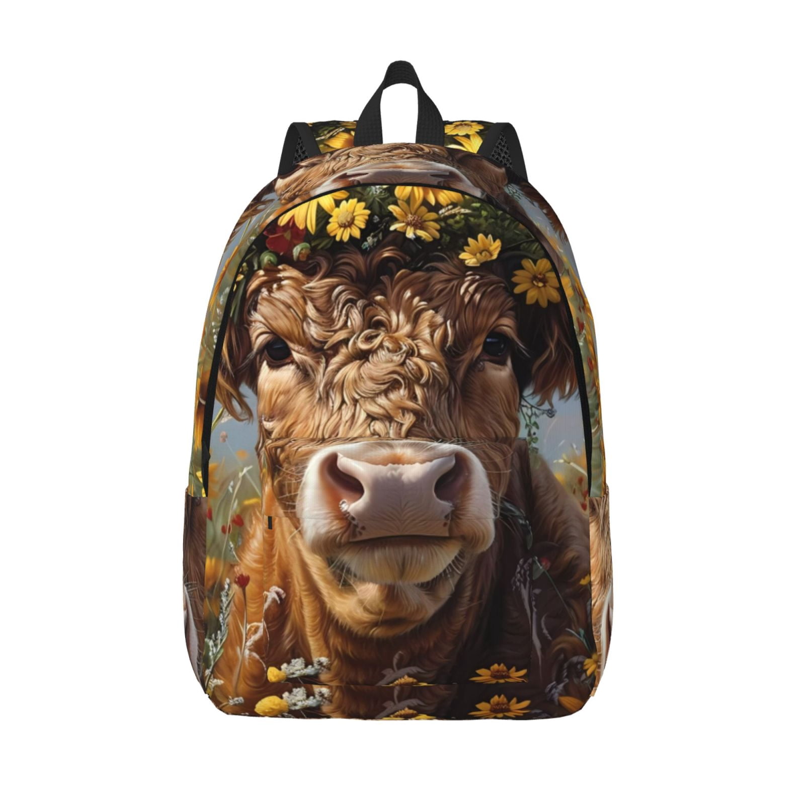 Vsdgher Cute Cow Sunflower Crown A Print Canvas Backpack Travel Rucksack Unisex Knapsack 15.7/17.7Inch Laptop Backpack for Work,College -Small