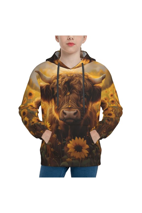 Cute Cow Sunflower Field Hoodie Youth Classic Hooded Pullover Sweatshirts Essentials Hoodie for Children (s-xl)-Medium