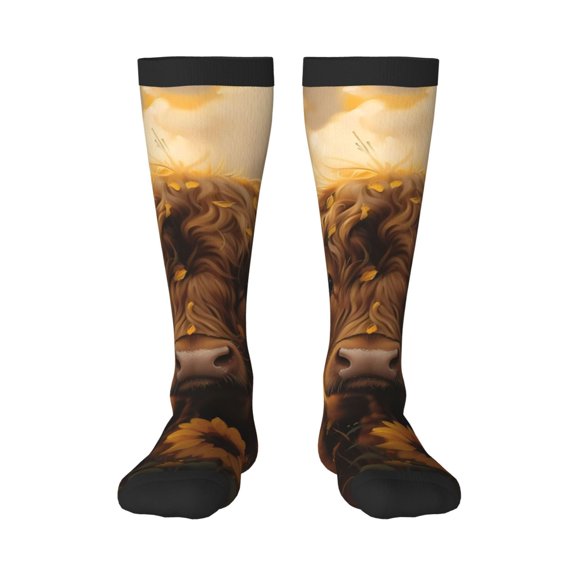 Vsdgher Cute Cow Sunflower Field Knee Socks, High Socks Long Stretchy Sock Women Knee High Stocking, Long Socks for Women