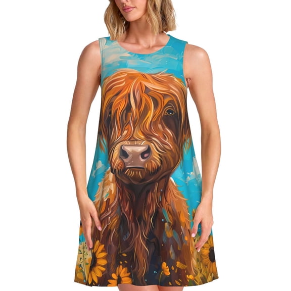 Vsdgher Cute Cow Sunflowers Art Print Summer Dresses for Women Casual U Neck Beach Dress Sleeveless Tank Loose Sundress with Pocket -Large